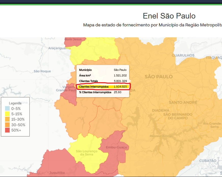 roderick_math's tweet photo. Enel
@EnelClientesBR

@EnelBrasil
presta um dos piores serviços de todos os tempos no Brasil!  Mapa da Falta de Luz: https://t.co/hOZZqfFIN4 1,5 milhão de pessoas sem energia apenas na capital de SP.  25% de todo o Estado de São Paulo está sem energia elétrica.  Descaso total https://t.co/dA7dbApqMF