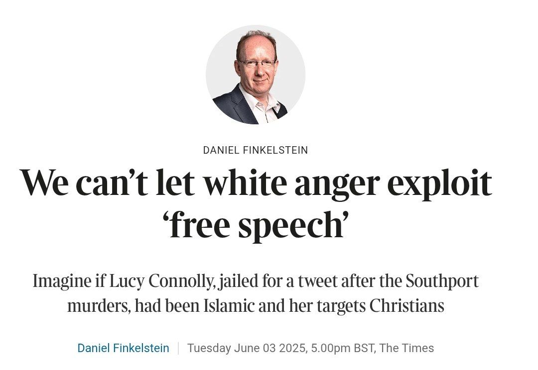 KeithWoodsYT's tweet image. The journalism of Piers Morgan's Jewish guest Daniel Finkelstein — arguing in favour of the 31-month prison sentence given to a mother who posted a racist tweet, because it's that important to repress 'White anger.'

Britain is really lucky to have people like him.