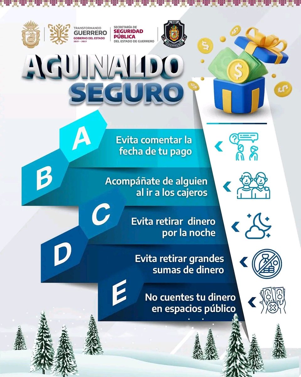 Esta temporada, disfruta de tu aguinaldo de forma segura.
�La SSP Guerrero comparte recomendaciones para proteger tu dinero y mantenerte a salvo mientras realizas tus actividades.
Aplicar medidas de prevención puede marcar la diferencia.