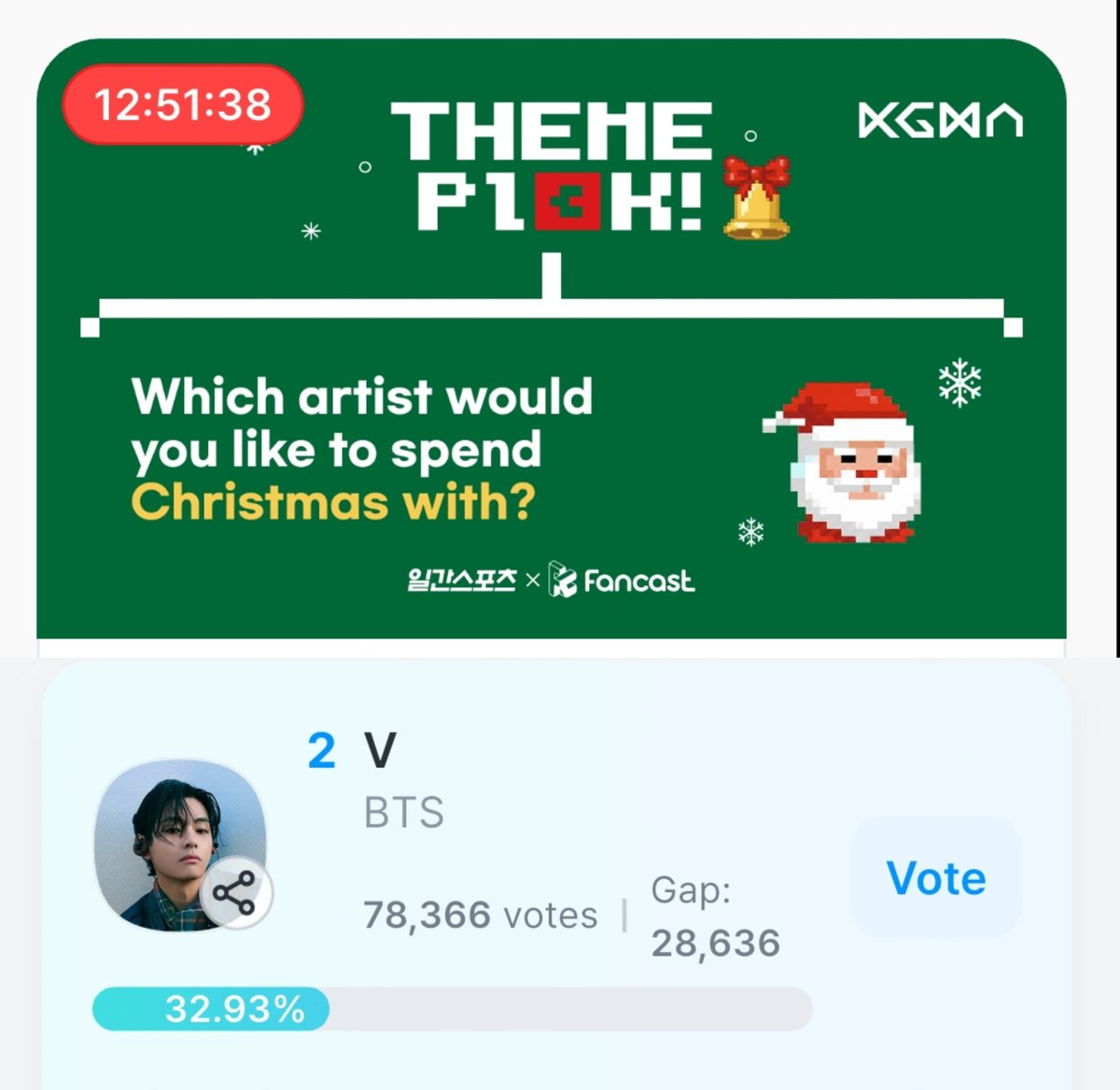 vote4kths's tweet image. #KGMA FANCAST THEME PICK⭐
“Which artist would you like to spend Christmas with?” 🎄

⏳12 HOURS REMAINING TIME 

🐯 🥈78,366 | Gap 28,636 (1.431M 💙💛)⚠️ ⚠️
📆 12/11 | 11:59 PM KST
🔗 fancast.go.link/ead7Z

50 💛/💙 = 1 Vote
Unlimited Voting ‼️

Rewards for the Winner
•