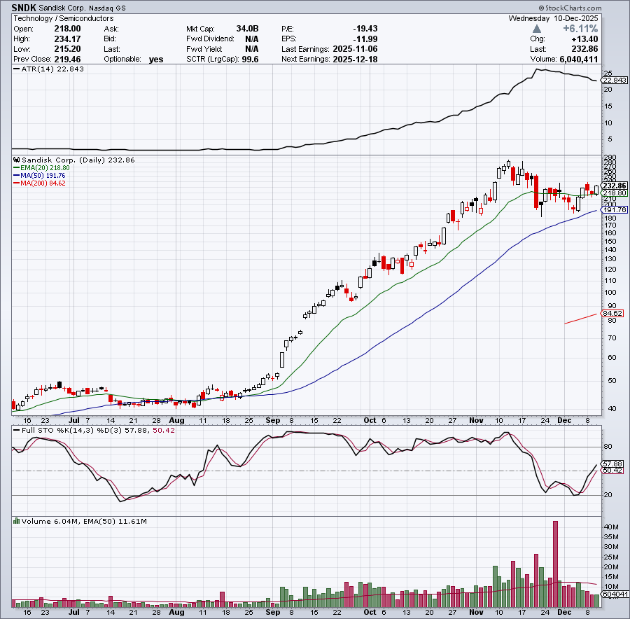 TLivingstonBlog's tweet photo. $SNDK chart looks fantastic. Took a pilot position off the 20-day EMA &amp; looking to add if it clears $239. Zero closes below the 50-day SMA since it began its' move. Strong group with excellent action in $MU $STX recently https://t.co/z9cby8LwdZ