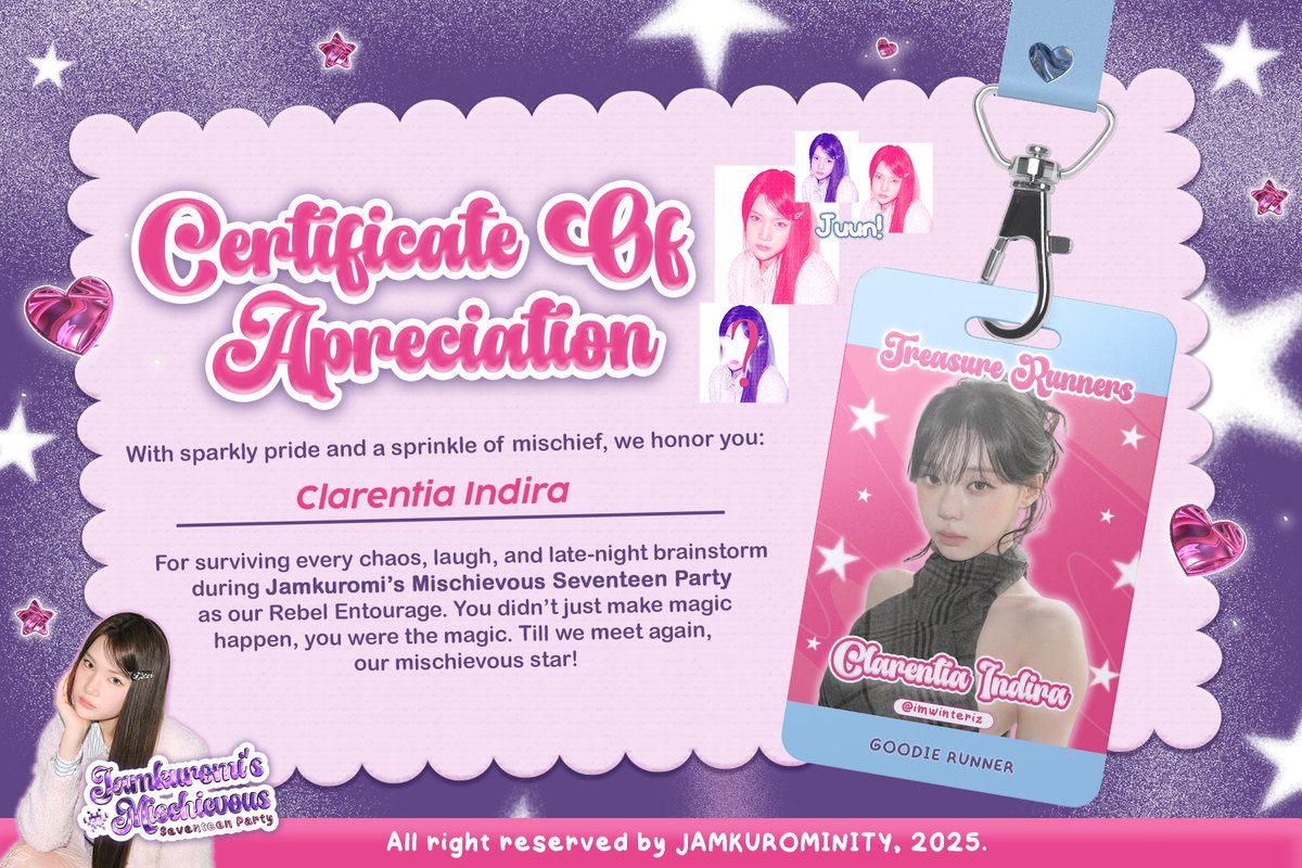 ✶ .. This marks the end of our wild chaos. I, Clarentia Indira from Treasure Runners, close my chapter at 𝗝𝗮𝗺𝗸𝘂𝗿𝗼𝗺𝗶’𝘀 𝗠𝗶𝘀𝗰𝗵𝗶𝗲𝘃𝗼𝘂𝘀 𝗦𝗲𝘃𝗲𝗻𝘁𝗲𝗲𝗻 𝗣𝗮𝗿𝘁𝘆. What a blast! Today’s memory is sticking like glitter. 👾