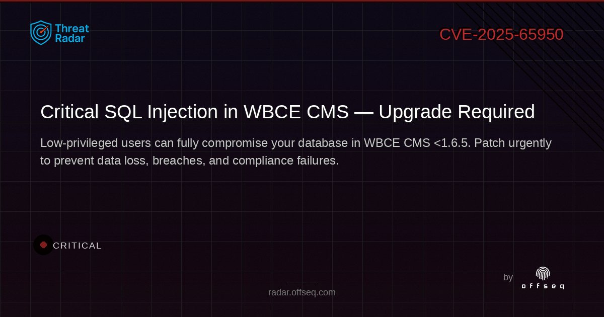 offseq's tweet image. 🚨 CRITICAL: SQL Injection in WBCE CMS (&amp;lt;1.6.5) lets low-privileged users compromise your database! Upgrade now to stay protected 🔒 radar.offseq.com/threat/cve-202… #OffSeq #SQLInjection #WBCE #CyberSecurity