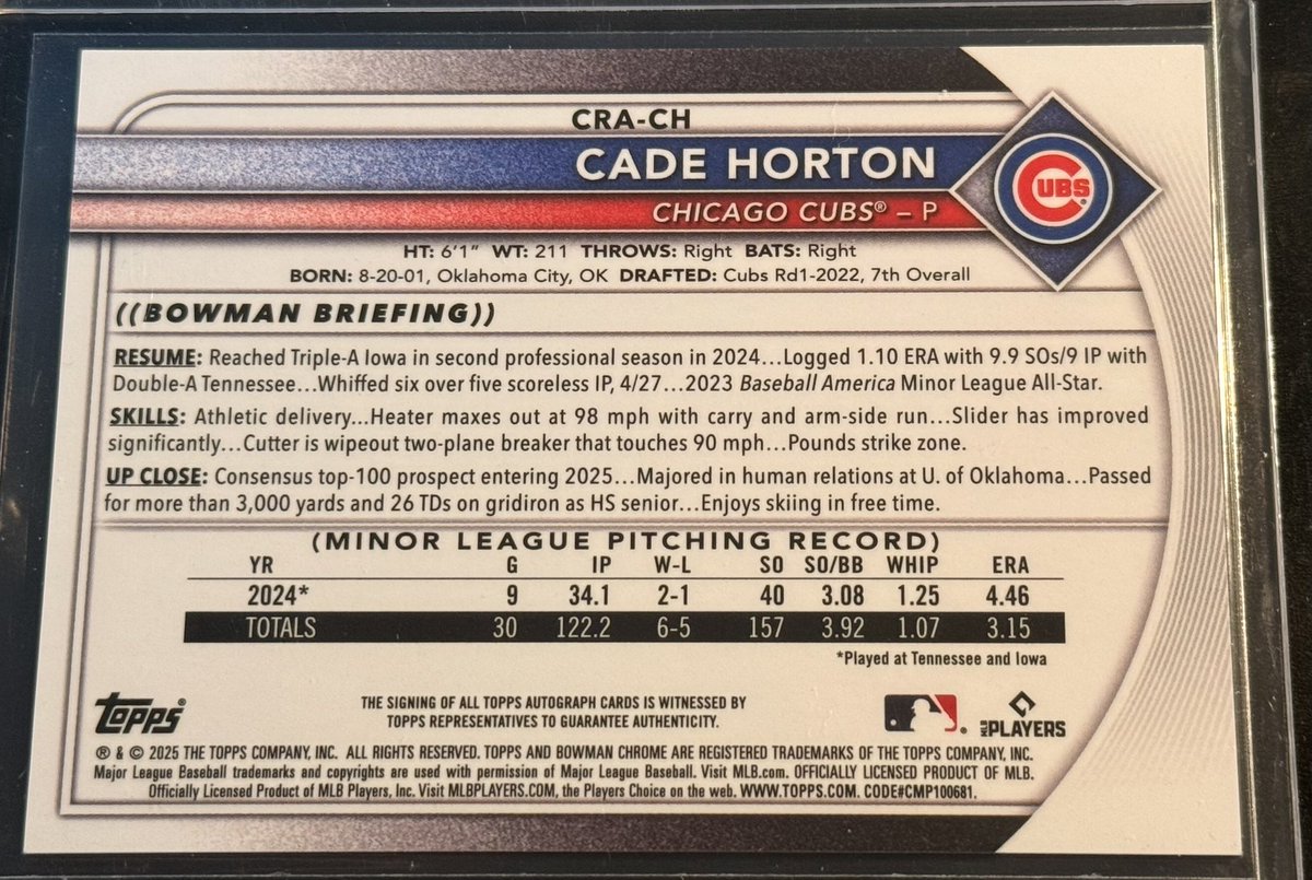 Lynchcardsales's tweet image. $500 shipped
2025 Bowman Cade Horton True Black Rookie auto 10/10 last on print 
Retweets Appreciated