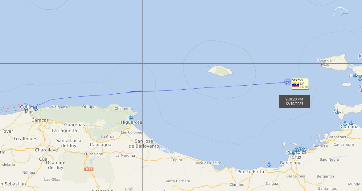 FlconEYES's tweet photo. SF775-5 con MMSI (falso): 775000005
Buque venezolano; posible buque con indicativo fijo.
Usando trasmisor de Estación Fija costera.

Sin identificación posible. 
Por su navegación y los últimos 90días de movimientos y posiciones en los entrantes, parece ser de tipo militar o un remolcador. 

Navega al Este con vector a #ElGuamache

#VesselAlert #AIS #Maritime #OSINT #10Dec