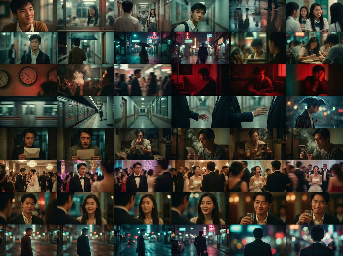 肖师傅这个太赞了！！准备效仿来做个MV！
大概分下面几步：

1、nano banana生成故事分镜，已完成。能看出是什么故事吗？？
2、懒得装topaz软件，用Bigjpg无损放大图片。
3、Kling图生视频，完成所有镜头素材。
4、人工写歌词，SUNO作曲生成歌曲。
5、剪辑成片。