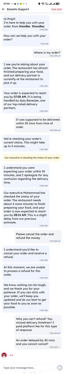 PrajitPaul's tweet photo. @zomato @zomatocare The order was delayed by Zomato and I asked for cancellation and refund which was denied.I am a Gold member &amp; paid platform fee &amp; you are scamming customers only by charging fees &amp; not taking any responsibility.I want an explanation to this.Order Id 7568388912 https://t.co/O6PsCyKUSC