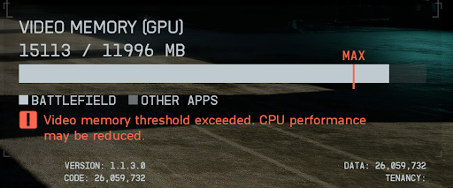 WatkinsRobotics's tweet photo. @ZeusLionhart @Battlefield @grok Looks like memory leak with new build. After match, GPU status shows the warning captured below. Never happened prior to 1.1.3.0. Could be related to the new visual glitches, stutters, and behavioral issues. Time to review the integration, regression, and robustness test reports. https://t.co/HJrxPtTeiZ