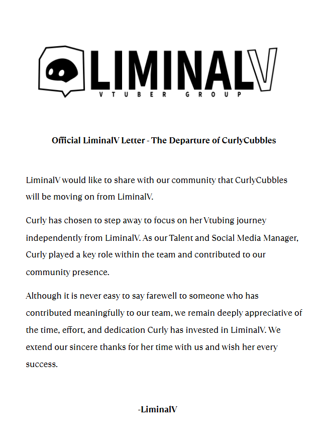 LiminalVT's tweet photo. ▫️⬜️ OFFICIAL LETTER FROM LIMINALV ⬜️▫️

LiminalV would like to share with the community that our talent &amp; social media manager, @CurlyCubbles, will be departing from the group.

We are incredibly grateful for everything she's contributed and the time we've had with her. https://t.co/wALiXDEm29