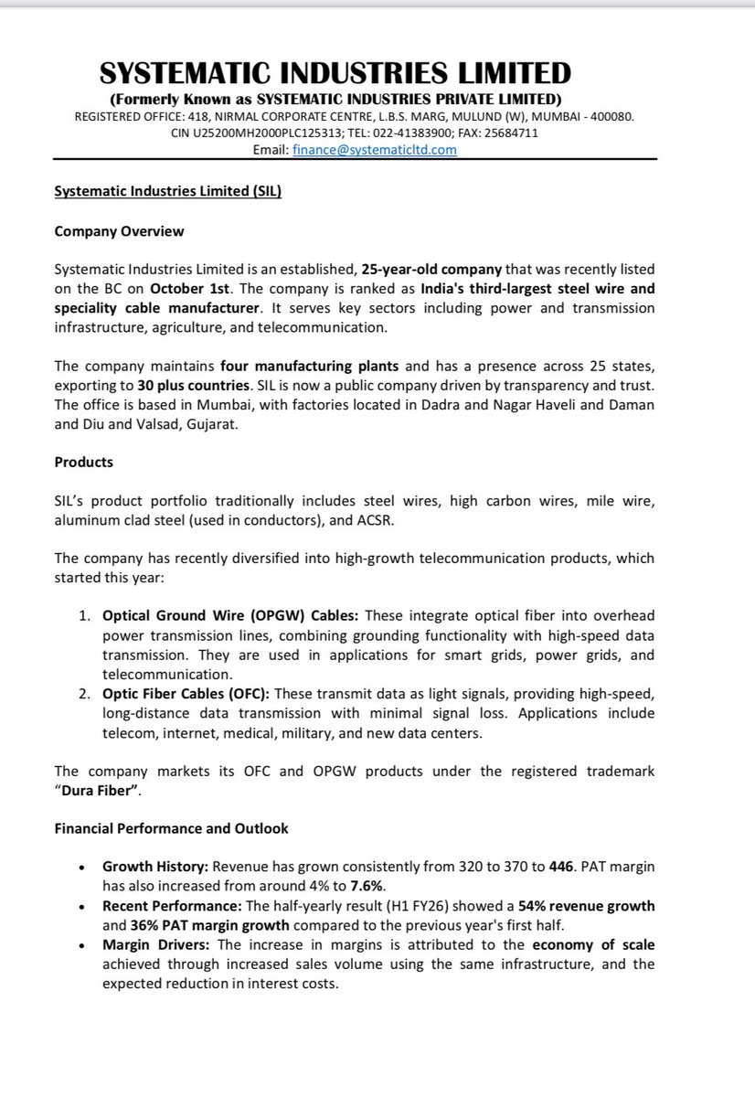 RahulArya7's tweet image. Systematic Industries:

💎Precise updates with clarity given . Do read 

Kind of updates which requires no further probe . 

💎Systematic is a FY27 play and an old school investor stock . Will test patience but wont give jitters . 

#OPGW #systematic #cables