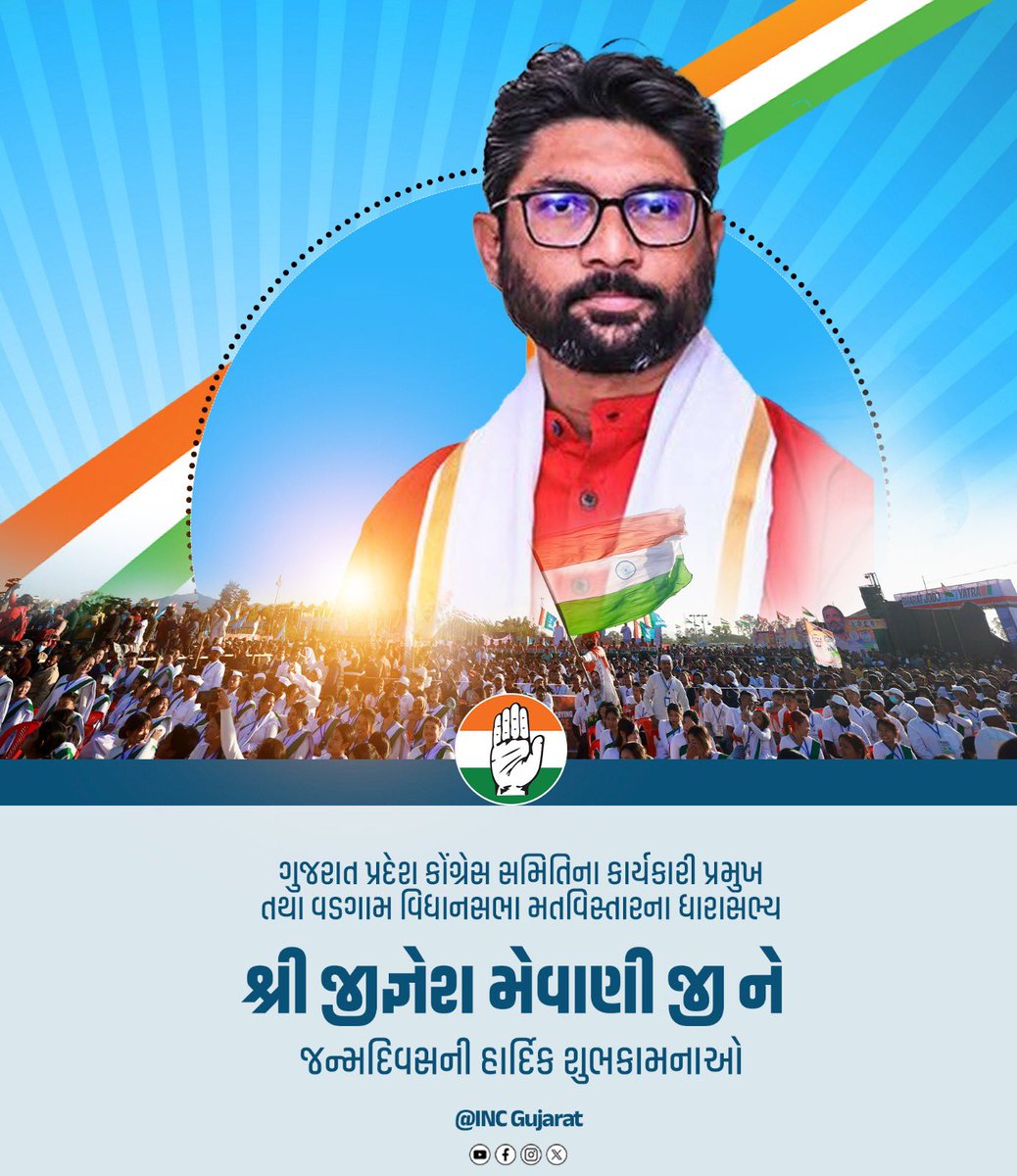 INCGujarat's tweet photo. ગુજરાત પ્રદેશ કોંગ્રેસ સમિતિના કાર્યકારી પ્રમુખ તથા વડગામ વિધાનસભા મતવિસ્તારના ધારાસભ્ય શ્રી @jigneshmevani80 જી ને જન્મદિવસની હાર્દિક શુભકામનાઓ.. https://t.co/moghfHqFY1