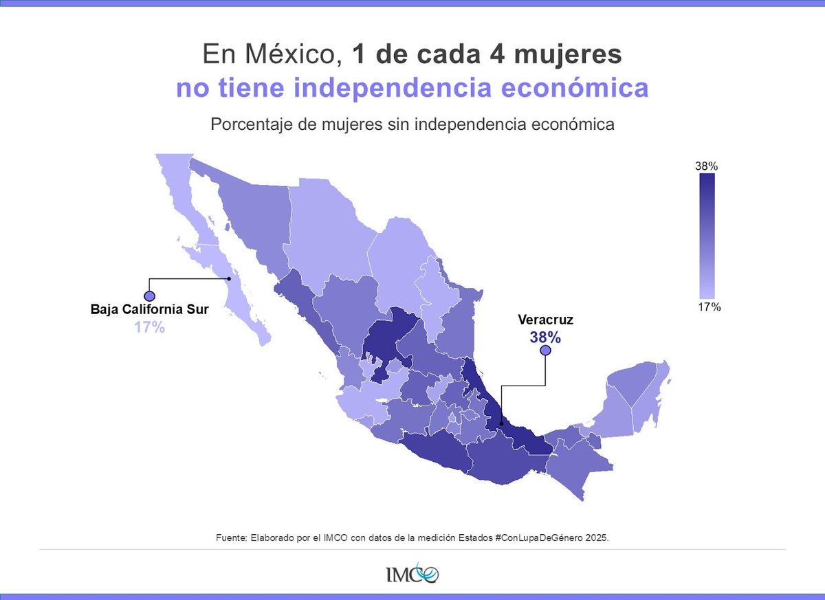 En México, la falta de ingresos propios limita la autonomía. En #Veracruz, 38% de las mujeres no percibe ingresos directos, frente a 17% en #BajaCaliforniaSur.

Conoce más 👉 tinyurl.com/4zaw5src