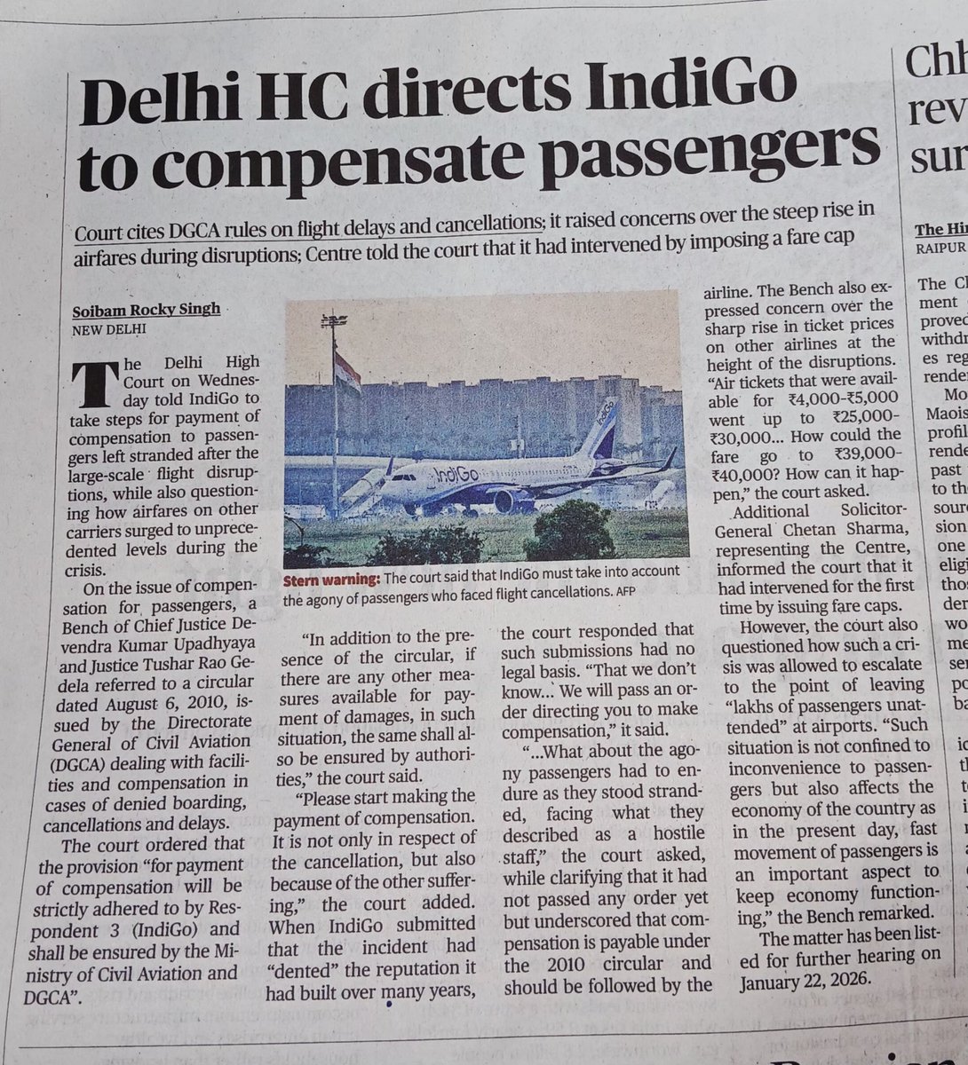 SataymSharma09's tweet photo. Delhi HC ka IndiGo ko bada jhatka! ✈️⚖️
​Court ne order diya hai ki stranded passengers ko turant compensate kiya jaye. Crisis ke waqt ₹4k ki ticket ₹40k mein bechne par court ne sakht narazgi jatayi hai. 💸🚫
​#IndiGo #DelhiHighCourt #Aviation #TravelRights #FlightDelay https://t.co/iUcCYXmAt2
