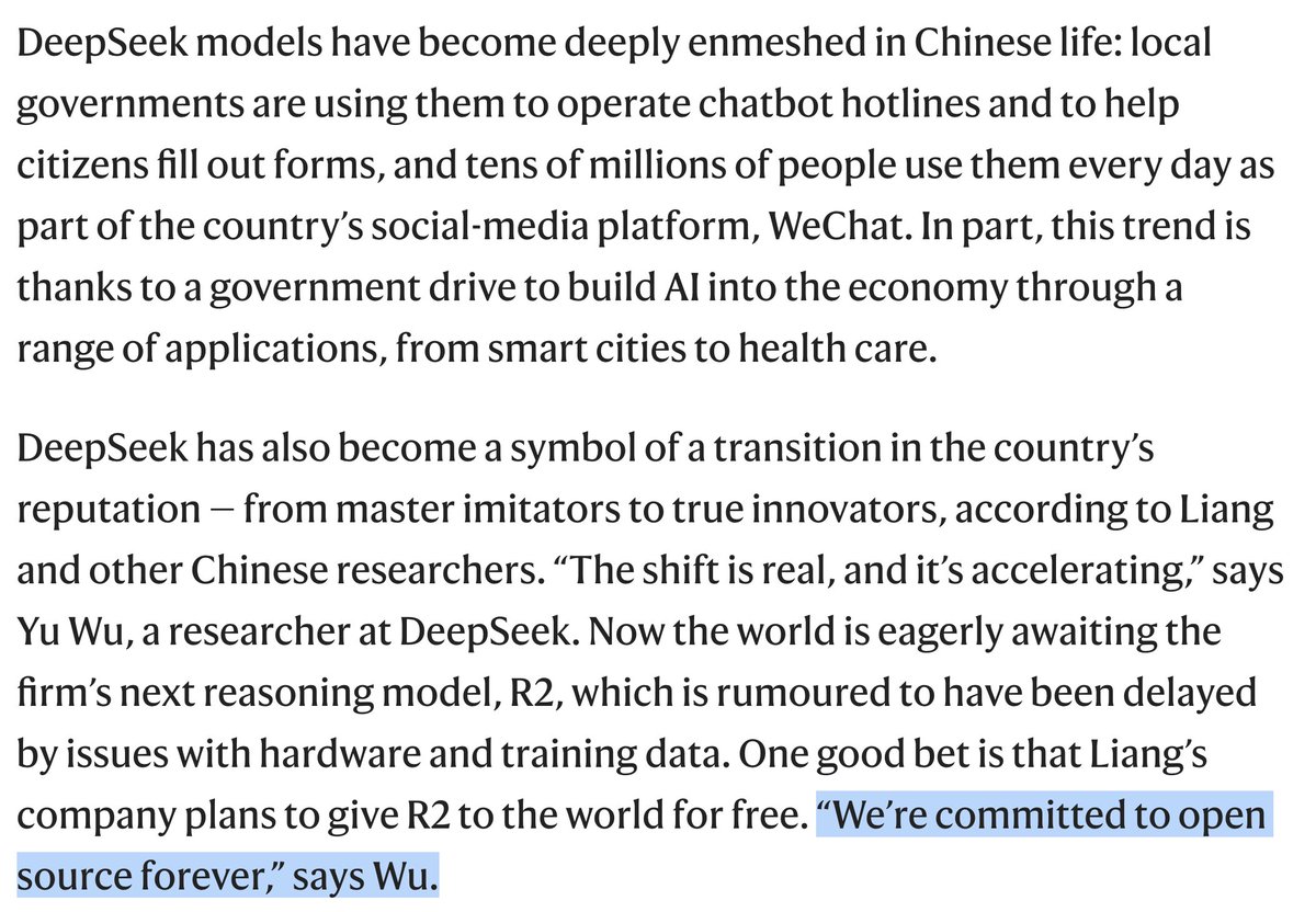 Na lista Top 10 da Nature, Liang Wenfeng, @YuWu78356266 da equipe técnica da DeepSeek, repete e reforça a afirmação: "Es