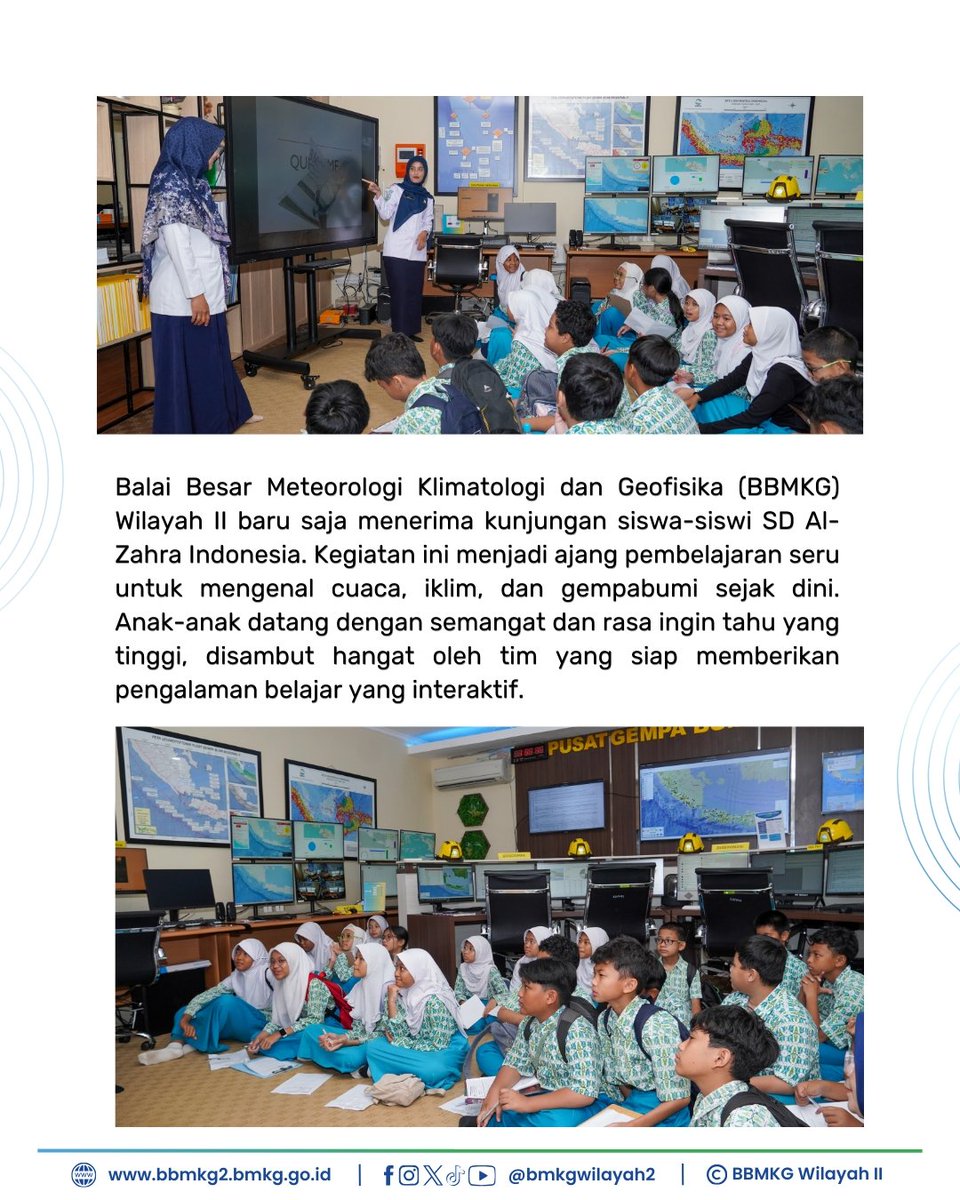 bmkgwilayah2's tweet image. Pada hari Rabu, 10 Desember 2025, BBMKG Wilayah II menerima kunjungan dari Sekolah Dasar Al Zahra. Kegiatan ini bertujuan untuk menambah pengetahuan dan wawasan siswa siswi terkait Cuaca, Iklim, Gempabumi serta mekanisme terjadinya fenomena tersebut

#InfoBMKG
#BBMKG2
#Kunjungan