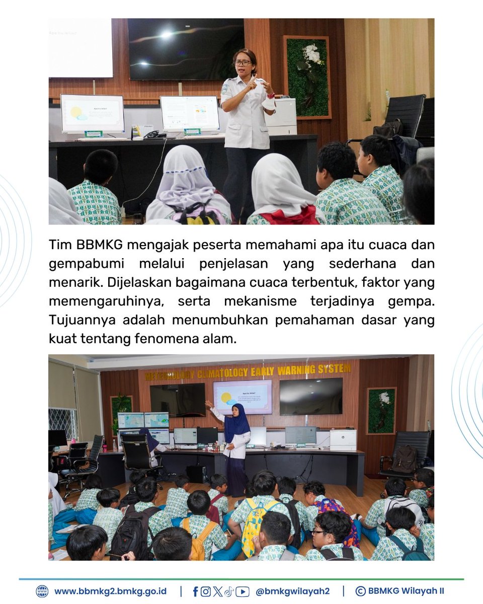 bmkgwilayah2's tweet image. Pada hari Rabu, 10 Desember 2025, BBMKG Wilayah II menerima kunjungan dari Sekolah Dasar Al Zahra. Kegiatan ini bertujuan untuk menambah pengetahuan dan wawasan siswa siswi terkait Cuaca, Iklim, Gempabumi serta mekanisme terjadinya fenomena tersebut

#InfoBMKG
#BBMKG2
#Kunjungan