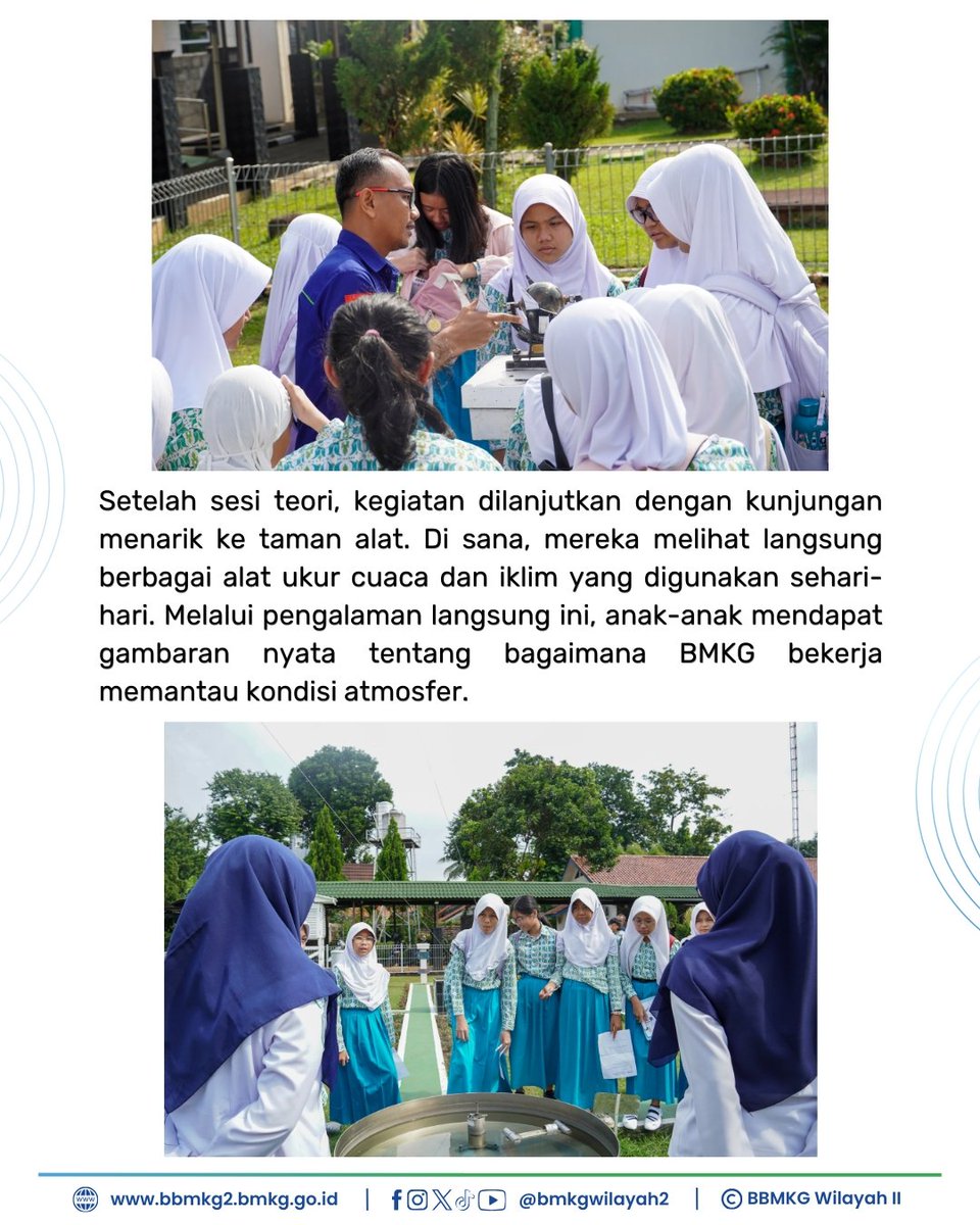 bmkgwilayah2's tweet image. Pada hari Rabu, 10 Desember 2025, BBMKG Wilayah II menerima kunjungan dari Sekolah Dasar Al Zahra. Kegiatan ini bertujuan untuk menambah pengetahuan dan wawasan siswa siswi terkait Cuaca, Iklim, Gempabumi serta mekanisme terjadinya fenomena tersebut

#InfoBMKG
#BBMKG2
#Kunjungan