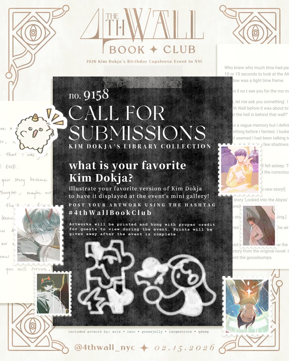 🔖  CALL FOR SUBMISSIONS: 
What is your favorite version of Kim Dokja?

If you'd like your art of Kim Dokja displayed at our venue as a part of our mini gallery, please post it using the hashtag: #4thWallBookClub

#HBD_KDJ_NYC2026 #4thWallBookClub