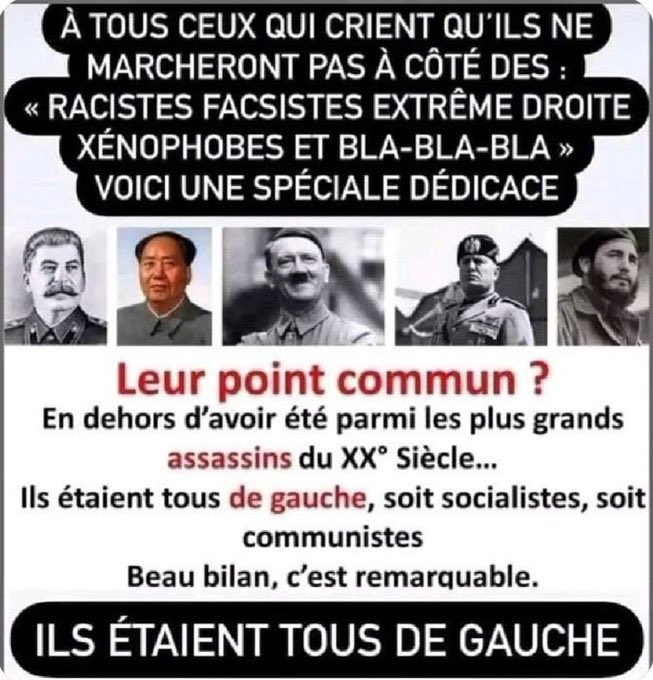 <a href="/DidierMaisto/">Didier Maïsto</a> Un jour Hitler a mangé des pâtes.
Depuis ce jour, tous ceux qui mangent des pâtes sont des nazis.

Bienvenu dans le monde merveilleux des gauchistes sans oublier, n'est-ce pas, qu'Hitler lui-même était socialiste.

Le gauchisme est une maladie mentale.