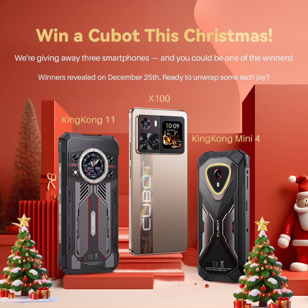 Cubot Christmas Giveaway
Celebrate the season with a chance to win big!
We're giving away KingKong 11, X100, and KingKong Mini 4 — one of each to three lucky winners.
✨Winners will be announced on Christmas Day!
Join now:cubot.net/Christmas-2025…