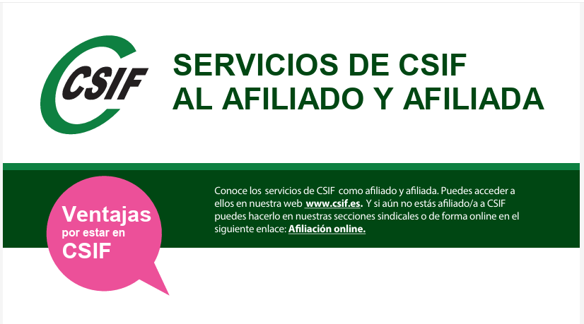 CsifUsc's tweet photo. Conoce los  servicios de CSIF  como afliad@. Accede a ellos en nuestra web  https://t.co/tBhYOdFB2x. 
Y si aún no estás a liado/a a CSIF puedes hacerlo en nuestras secciones sindicales o de forma online en el siguiente enlace: https://t.co/NfLgIkA2iC
ℹ️https://t.co/ASLuf7hKlU https://t.co/L93PzyfLTH