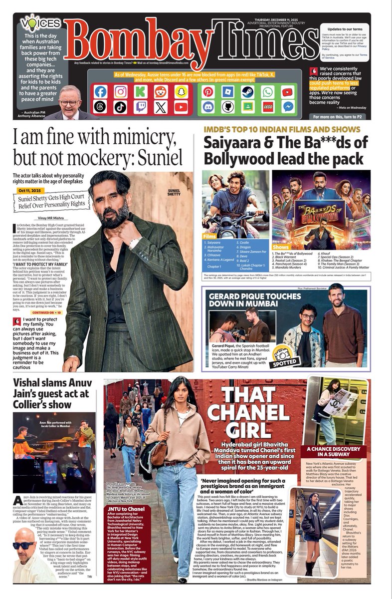 bombaytimes's tweet photo. Today's P1: #Australia becomes world's first country to ban social media for kids under 16, the latest #IMDbTop10 Indian films and shows list, how #SunielShetty is fighting back against deepfakes, and more
Read: https://t.co/zhUN5PNtEu
#Australia #AgeVerification #TikTokBan https://t.co/SPstp7ySAK