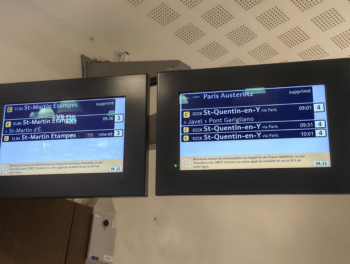 Un TER supprimé, un RER supprimé, et un RER retardé...
Motif : rien. Pas une seule info sur les afficheurs ou sur le site transilien.
<a href="/RERC_SNCF/">RER C</a> <a href="/ACircule/">𝙰𝚜𝚜𝚘𝚌𝚒𝚊𝚝𝚒𝚘𝚗 𝙲𝚒𝚛𝚌𝚞𝚕𝚎</a> ce serait possible d'être informé de pourquoi on n'a pas de trains ce matin ?