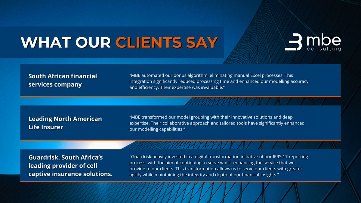 Our clients are at the centre of everything we do at MBE. From actuarial modernisation to model enhancement, we’re proud to support organisations across the globe with specialist expertise, hands-on delivery and measurable impact. Here’s what some of our clients have said in 2025
