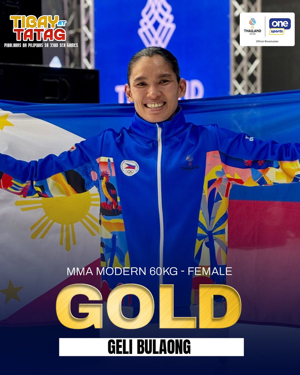 OneSportsPHL's tweet photo. GELI IS GOLDEN 🥇

Geli Bulaong secures the gold after taking down Indonesia in the demo sport MMA Modern 60 kg - Female event at the SEA Games 2025 Thailand!

#SEAGames33 #SEAGamesThailand #TibayAtTatag https://t.co/P1KK7AZQSz