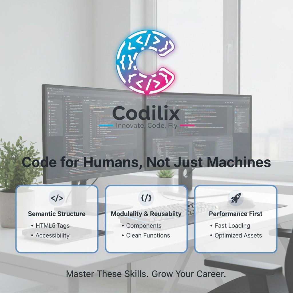 CodilixSupport's tweet image. At Codilix, we champion quality code.
Focus on Semantic Structure for better accessibility and SEO, embrace Modularity for reusable and maintainable components, and always prioritize Performance for an optimal user experience.
#WebDev #CodingTips #CleanCode #Codilix #InnovateCode