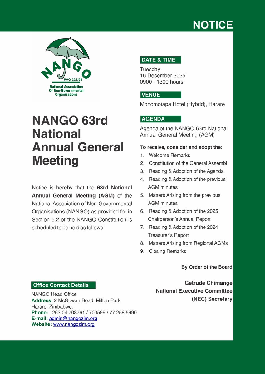 nangozimbabwe's tweet image. 📢 REMINDER | NANGO 63rd National Annual General Meeting

NANGO reminds all members and stakeholders of the upcoming 63rd National Annual General Meeting (AGM), convened in line with Section 5.2 of the NANGO Constitution.

The AGM provides an important platform for members to…
