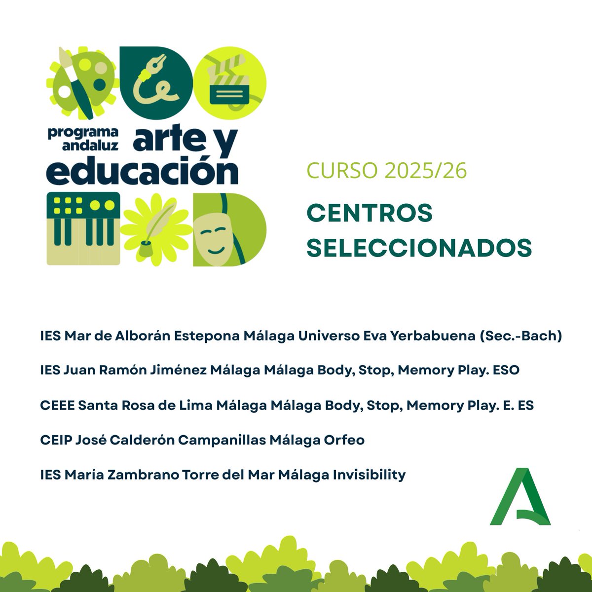 Publicada relación de centros educativos andaluces seleccionados para participar del Programa "Arte y Educación" para el curso 2025/26. 🎨🎭💃🪭
Más información: 
blogsaverroes.juntadeandalucia.es/gbellasartesma…