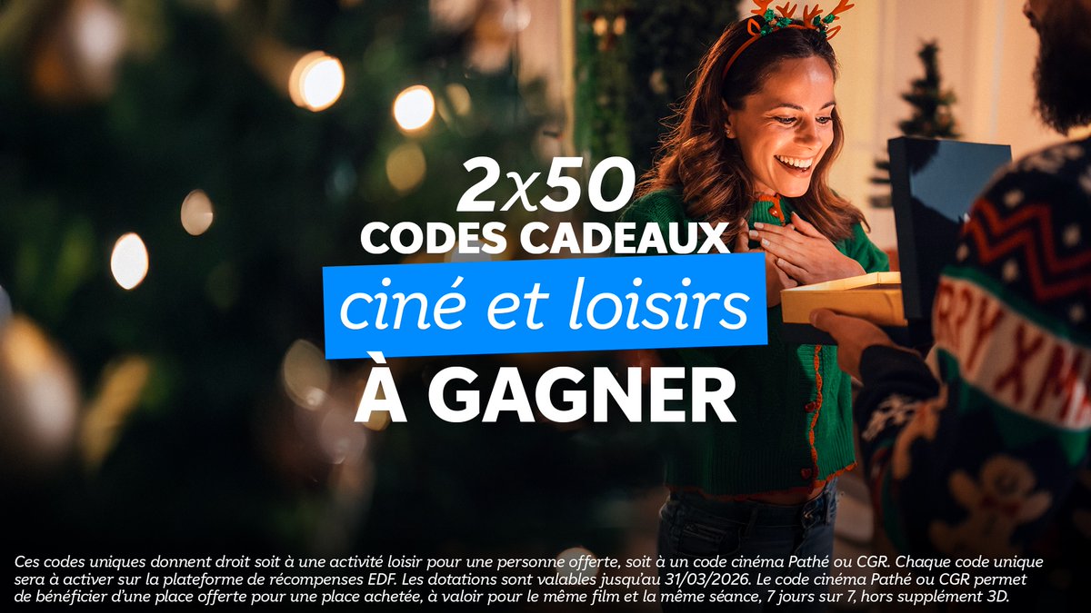 🎁 On pourrait presque emballer ce post...

Pour Noël, vous pouvez gagner 1 code cinéma + 1 code loisirs.
50 gagnants au total.
Pour participer : RT &amp; follow <a href="/EDFetMoi/">EDF & Moi</a>

Tirage au sort le 18/12