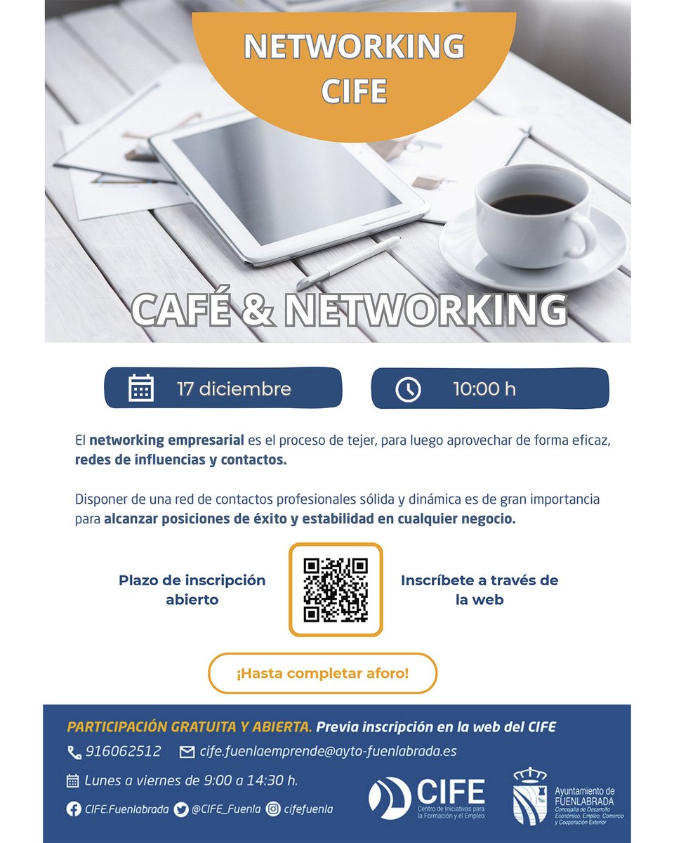 📣 ❗Recuerda ❗ Networking CIFE. Construye y cuenta la historia de tu negocio
📅 17 diciembre. 10:00 h.
➕ INFO e Inscripciones ⬇️⬇️⬇️
🌐 cife.ayto-fuenlabrada.es/networking-cif…

#Networking #EmpresasFuenlabrada #DesarrolloEconómico #FuenlabradaEmprende #CompromisoCIFE #AlíateConFuenlabrada