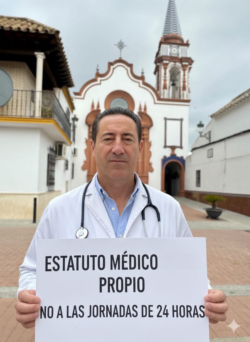 Sigo de huelga en mi pueblo como médico en favor de los derechos de mi profesión. 
Una foto en la plaza de #CañadaRosal solo, pero junto a muchos en #HuelgaMédica #EstatutoMarcoPropio #NoALasJornadasDd24Horas