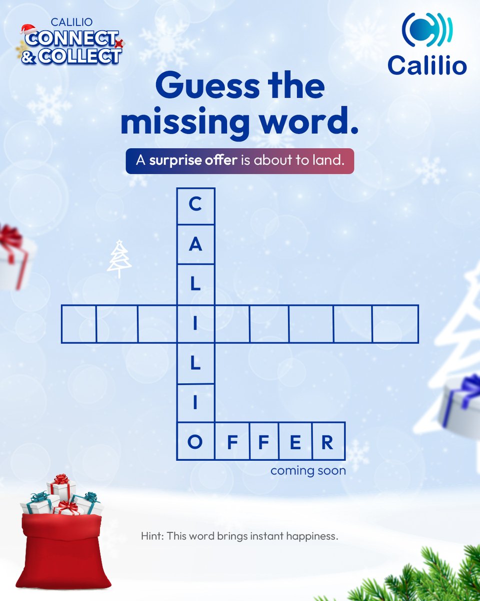 caliliovoip's tweet image. Crack the code and unwrap the joy! Can you guess the missing word in this festive crossword?

Hint: It’s something that brings instant happiness and pairs perfectly with a surprise offer.

#calilio #crackthecode  #festivefun #guesstheword #holidaysurprise #crossword #comingsoon