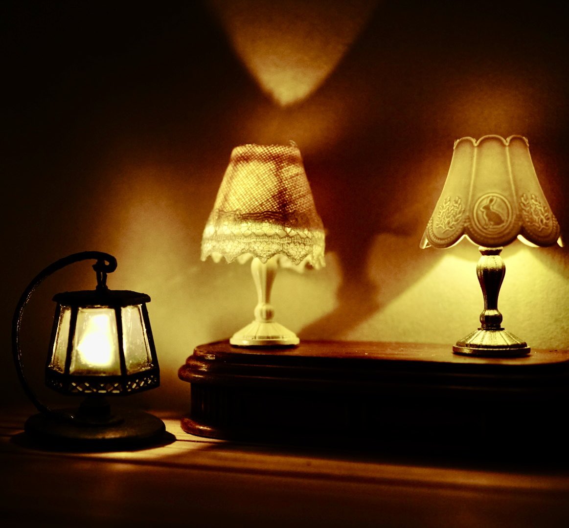 ミニチュア テーブルライト
今期のNunu's houseミニチュア教室  <a href="/miniature_MH/">Nunu's House（田中智）</a> の課題3回目はテーブルライト
⭐︎
左と中は私がデザインしたものです

右のうさぎと木の葉のモチーフのものは先生作のものを塗装、細かいのにくっきり模様が浮き出て綺麗です
⭐︎
次はいよいよシャンデリア
#miniature