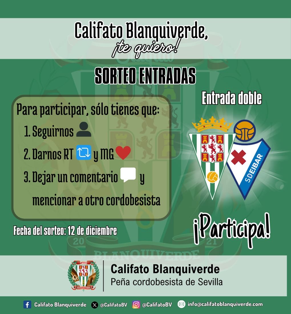 🏟️ ¡𝗘𝗟 𝗥𝗘𝗜𝗡𝗢 𝗗𝗘𝗕𝗘 𝗦𝗘𝗥 𝗨𝗡 𝗙𝗢𝗥𝗧𝗜́𝗡!

Participa en el sorteo de una entrada doble🎫🎫 y disfruta del #CórdobaEibar de este sábado [14h] con un/a acompañante.

📅 Fecha del sorteo: viernes, 12 de diciembre.

#CalifatoBlanquiverde