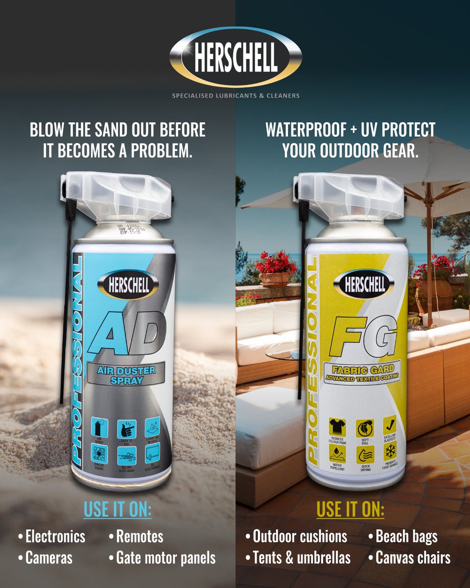 Herschell_SA's tweet photo. Heading to the coast this December? 🌊

Salt air, sun and humidity can ruin your gear faster than the first beach nap, so here are 6 Herschell essentials to keep your holiday home, tools and electronics protected:

1️⃣ Air Duster Spray – blows sand out of electronics, remotes + cameras
2️⃣ Fabric Guard – waterproofs and UV-protects outdoor cushions, tents + canvas
3️⃣ Protective Wax – anti-rust shield for gates, hinges, tools + metal furniture
4️⃣ Silicone Spray – keeps sliding doors, seals + tracks moving smoothly
5️⃣ Clean-Up – quick clean for sand, salt + outdoor surfaces
6️⃣ Electronic Cleaner – removes moisture + grime from plugs, switches + gate motors

A little prep goes a long way at the coast. Keep everything working, protected and holiday-ready.

Available at leading hardware stores across South Africa 🇿🇦

#Herschell #CoastalChecklist #HolidayReady #TheNameBehindPerformance