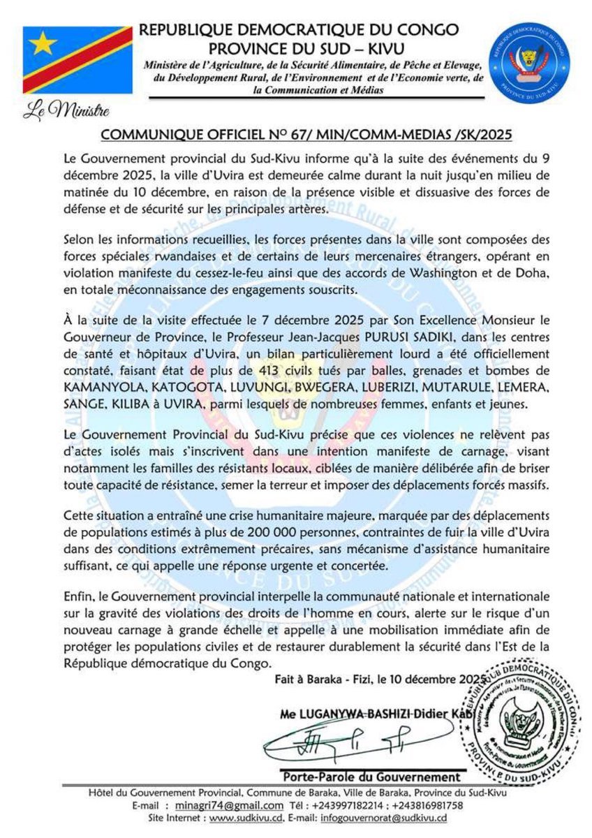 Según el gobierno congoleño unas 200.000 personas han huido de la ciudad de Uvira ante la llegada del M-23 que, tanto en esta ciudad como en otras zonas que ha ocupado, habría comenzado con ejecuciones de civiles #RDC 
<a href="/jesrcote/">Jesús Romero</a> <a href="/JEcheverriZ/">Javier Echeverría</a> <a href="/PuntodeFuga/">Punto de fuga</a>
<a href="/tesilvio/">Silvio Testa</a> <a href="/Freecanusa/">Carlos Núñez Sánchez 🌐</a>