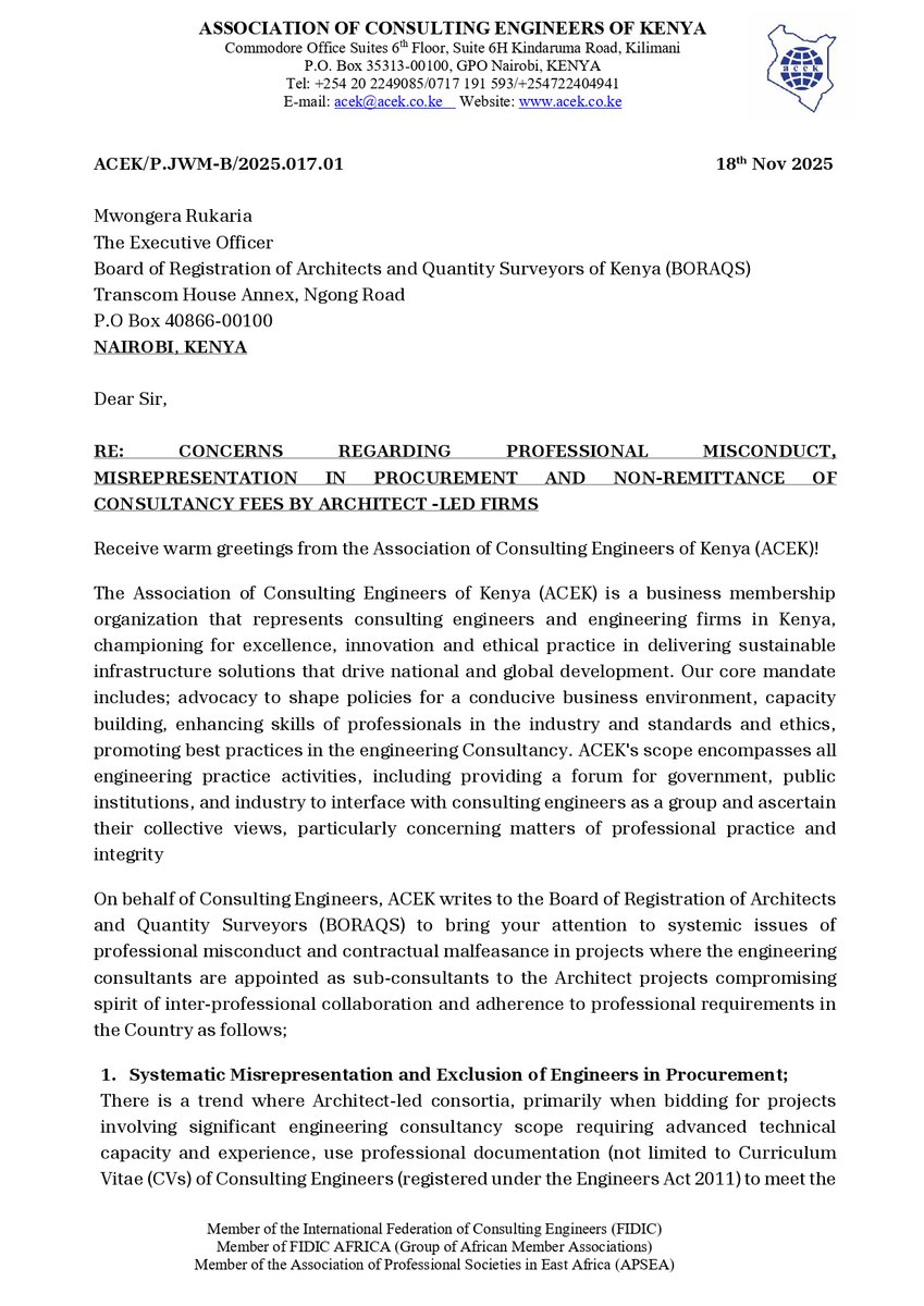 ACEK1968's tweet photo. POSITION PAPER BY THE ASSOCIATION OF CONSULTING ENGINEERS OF KENYA (ACEK) ON THE CONCERNS REGARDING PROFESSIONAL MISCONDUCT, MISREPRESENTATION IN PROCUREMENT AND NON-REMITTANCE OF CONSULTANCY FEES BY ARCHITECT -LED FIRMS

@TheIEK 
@EngineersBoard 
@AcekFL_Kenya 
@AkinyiAdhoch 
@janemutulili