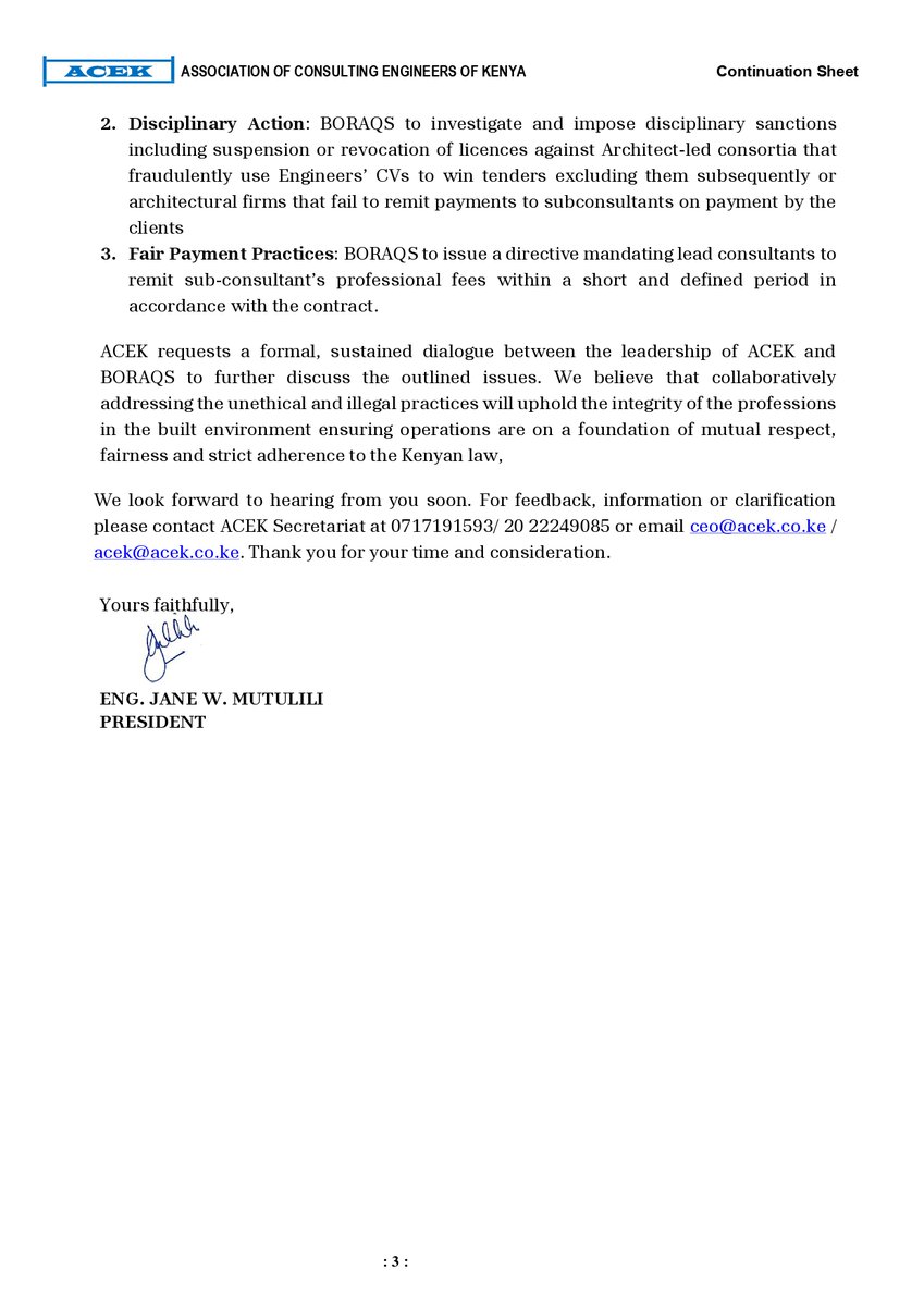 ACEK1968's tweet photo. POSITION PAPER BY THE ASSOCIATION OF CONSULTING ENGINEERS OF KENYA (ACEK) ON THE CONCERNS REGARDING PROFESSIONAL MISCONDUCT, MISREPRESENTATION IN PROCUREMENT AND NON-REMITTANCE OF CONSULTANCY FEES BY ARCHITECT -LED FIRMS

@TheIEK 
@EngineersBoard 
@AcekFL_Kenya 
@AkinyiAdhoch 
@janemutulili
