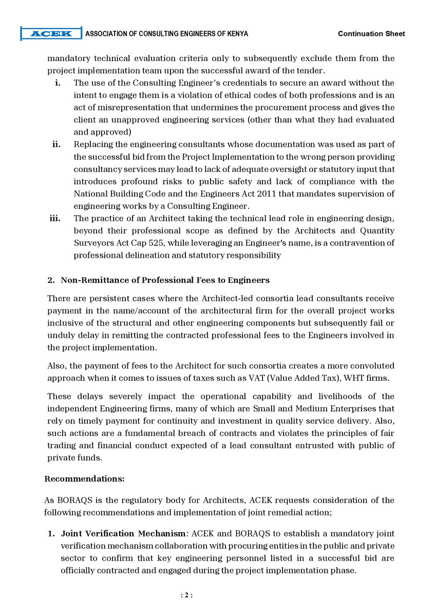 ACEK1968's tweet photo. POSITION PAPER BY THE ASSOCIATION OF CONSULTING ENGINEERS OF KENYA (ACEK) ON THE CONCERNS REGARDING PROFESSIONAL MISCONDUCT, MISREPRESENTATION IN PROCUREMENT AND NON-REMITTANCE OF CONSULTANCY FEES BY ARCHITECT -LED FIRMS

@TheIEK 
@EngineersBoard 
@AcekFL_Kenya 
@AkinyiAdhoch 
@janemutulili