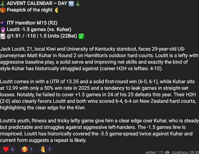 izzybtizzy's tweet photo. Another solid day in the books:
🎾 B. O'Connell vs. K. Smith S 1 over 8.5 @ 1.73💰✅
🎾 Ibraimi S 1 +2.5 (vs. Markovina) @ 1.78💰 ✅
🎾 Parlay @ 1.83 ❌
👉 https://t.co/r9Ssl6ev5A
🎄🎅 Advent calender pick cashed too⤵️
#TennisBetting #ValuePicks #ITF #BettingTips #AnalyticsDriven