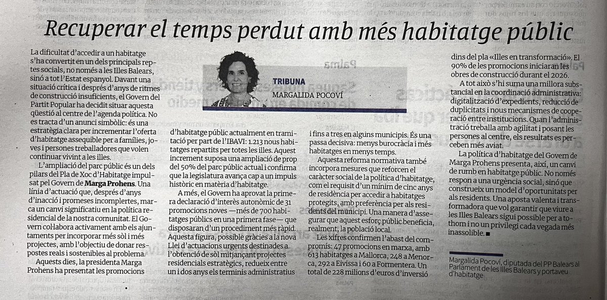 Excelente artículo de <a href="/PocoviSamp10125/">Margalida Pocoví</a> que pone negro sobre blanco las políticas reales de vivienda del Govern de <a href="/MargaProhens/">Marga Prohens</a>. Lectura imprescindible para entender su alcance. Hoy en <a href="/diariomallorca/">Diario de Mallorca</a>.