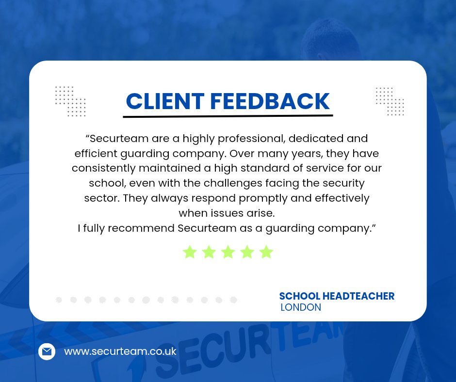 Securteam_UK's tweet image. Trusted. Reliable. Recommended.

“Securteam have consistently delivered excellent security for our school. They respond fast, offer great value, and kept us fully informed during higher risk periods. Highly recommended.”

#SecurityGuardServices 
#ClientTestimonial