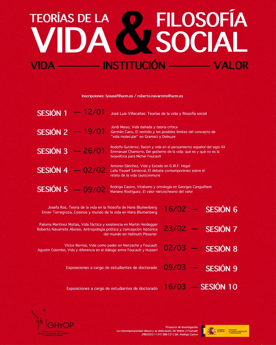 Seminario de doctorado

Teorías de la vida y filosofía social

🗓 Lunes desde el 12 de enero al 16 de marzo - 16 h.
🏠 Seminario 217 (Sala Ortega y Gasset) - Facultad de Filosofía UCM