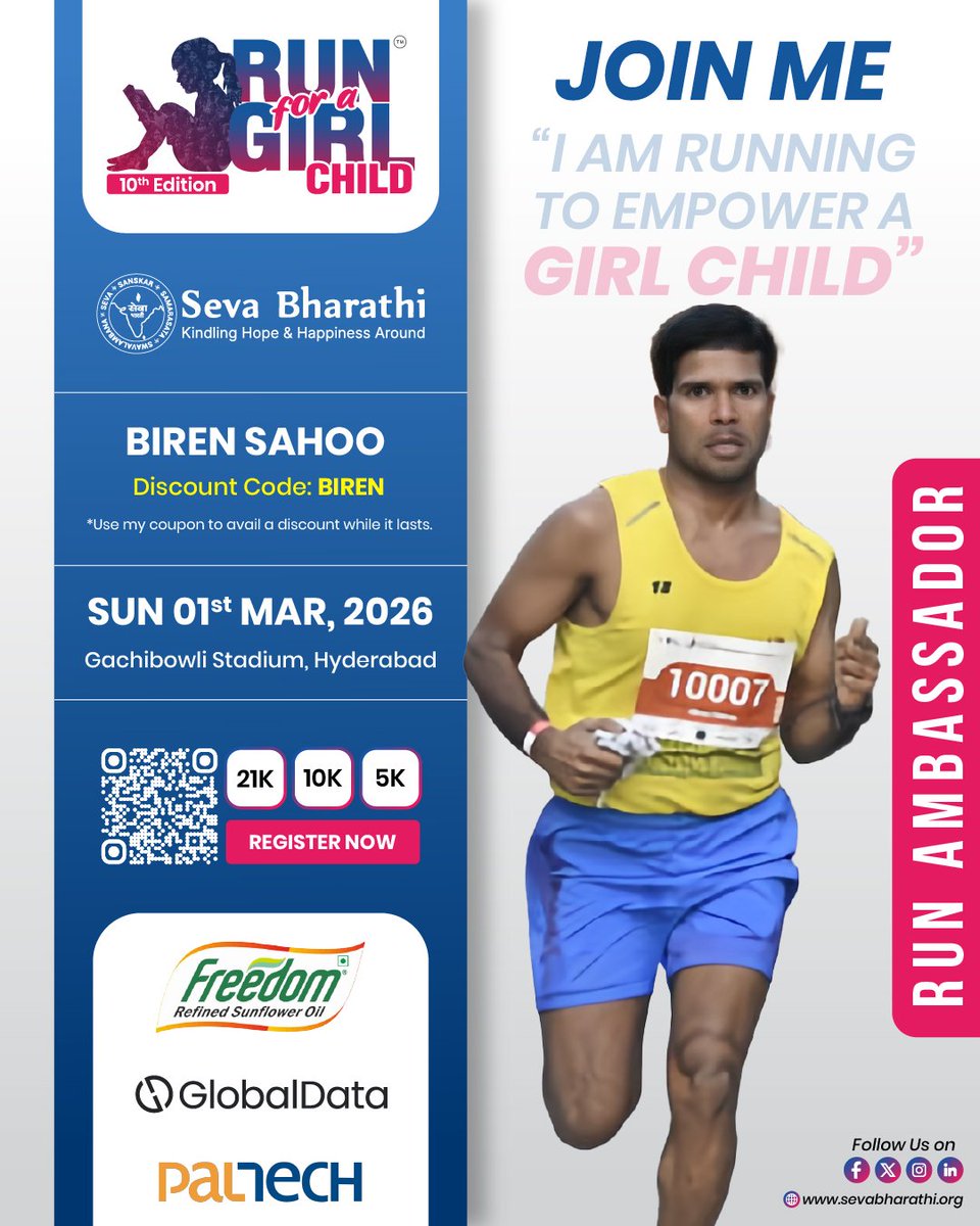 sevabharathitg's tweet photo. Excited to welcome Biren Sahoo as an Ambassador for the 10th Edition of RFGC!

Join the run that empowers young girls!
Register: https://t.co/qYelhxauqY
Use code BIREN for discounts

#RFGC10 #SevaBharathiTelangana #GlobalData #FreedomOil #PalTech #RunAmbassador https://t.co/tD64ntHk7v