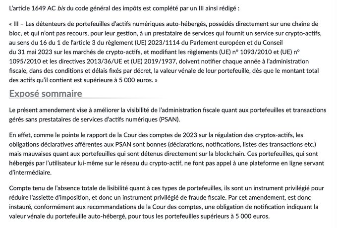 🚨🇫🇷 FISCALITÉ : VERS LA DÉCLARATION OBLIGATOIRE DES WALLETS SELF-CUSTODY ?

Un amendement adopté en commission de l’Assemblée nationale propose d’obliger les détenteurs de wallets self-custody (Ledger, MetaMask, Rabby, Deblock, etc.) à déclarer ces portefeuilles au fisc dès