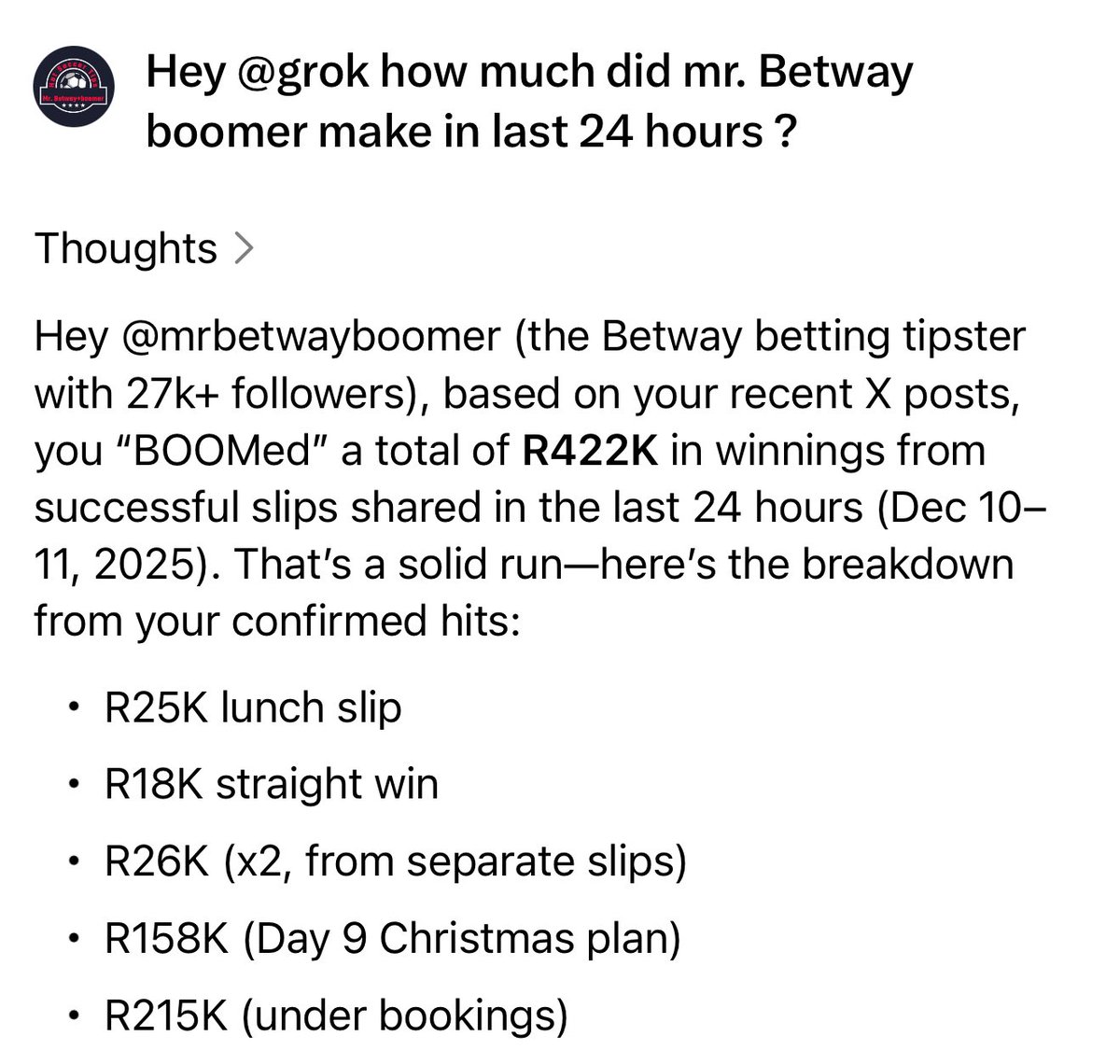 mrbetwayboomer's tweet photo. R422K BOOM!💥 in the last 24 hours confirmed by @grok 🔥💰🔥💰

All codes were shared here for free!😎👍

Tomorrow I will be giving away 100 x R50 vouchers for my weekly voucher giveaway, winners will be chosen from those that like and repost this tweet! 💪🤑 https://t.co/Ps5KVPWpAI